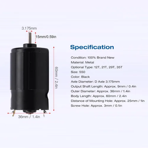 Vista 3 de VGEBY Motor cepillado, 12T/21T/29T/35T Vehículo de control remoto estándar 550, motor cepillado RC de alto bajo ruido, apto para vehículos RC