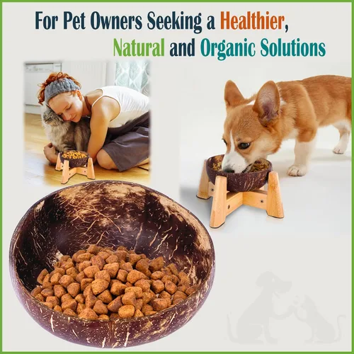Vista 7 de Cuenco para perros para gatos y perros pequeños, totalmente natural, cuenco de cáscara de coco pulido con soporte de madera, altura total