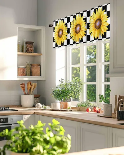 Vista 6 de Cenefas de girasol para ventanas de cocina, cenefa de cortina de granja, cortinas cortas de girasol de acuarela, cenefas con bolsillo para barra