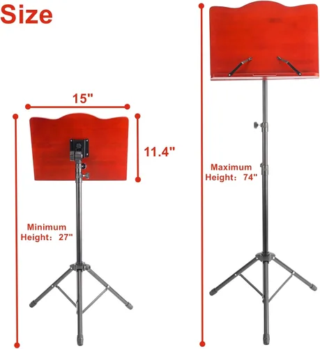 Vista 3 de Miwayer Soporte de música de conductor de bambú, soporte de madera para partituras de música, color rojo mate, altura ajustable (base triangular)