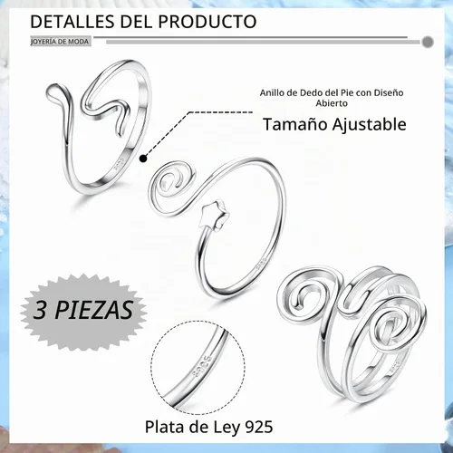 Vista 2 de Florideco 3 Piezas Anillos para Dedos del Pie de Plata de Ley S925 para Mujeres Anillos para Dedos del Pie Abiertos Ajuste Cómodo Anillos para Dedos