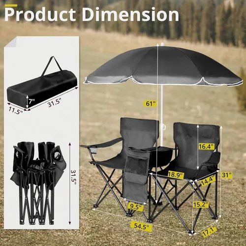 Vista 3 de Silla plegable, silla de camping portátil de 2 asientos con sombrilla extraíble, sillas plegables para exteriores, sillas portátiles de pesca