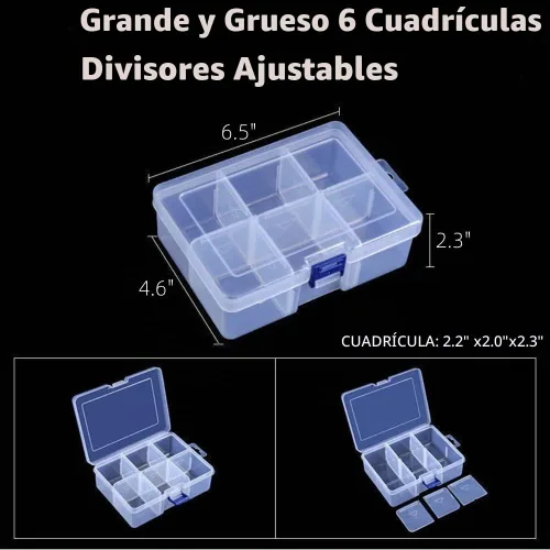 Vista 2 de Caja de almacenamiento de cinta Washi, caja de plástico con 6 compartimentos y ranuras de rejilla para joyería, herramienta de cuentas para cinta