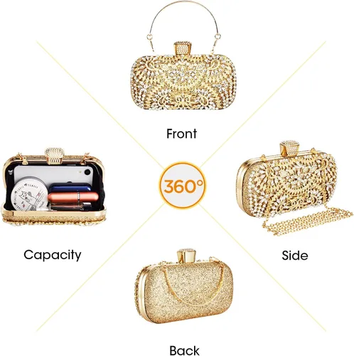 Vista 3 de Geckowi Bolsos de mano para mujer, bolsos de noche dorados, formales, brillantes, con diamantes de imitación, para fiesta, boda, cóctel, baile