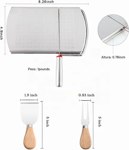 Vista 4 de Rebanador de queso con 2 piezas de cuchillo de queso, cortador de queso multiusos de acero inoxidable para queso en bloque con juego de 2 piezas