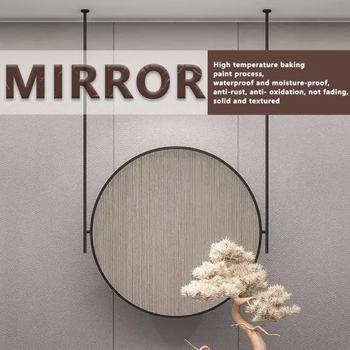 Vista 3 de Espejo redondo montado en el techo para baño, espejo de pared, espejo de barra colgante de techo, espejo de marco de metal negro, espejo decorativo