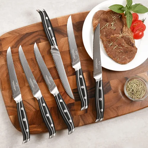 Vista 5 de VG10 - Juego de cuchillos de cocina de acero Damasco de 67 capas con asas de triple remache, 6 cuchillos de carne, tenedor de carne, afilador