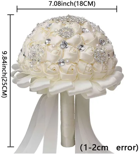 Vista 5 de Ramo de broche de 7 pulgadas, ramo de boda para dama de honor, rosa satinada, perlas artificiales, cintas de satén hechas a medida, ramo floral