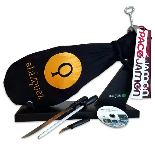 Vista 2 de Paleta Ibérica Kit Profesional, 12 Libras, 2 Años de Curación, 50% Raza Ibérica, 20-25 Porciones + Jamonero Profesional + Juego de Cuchillos ARCOS