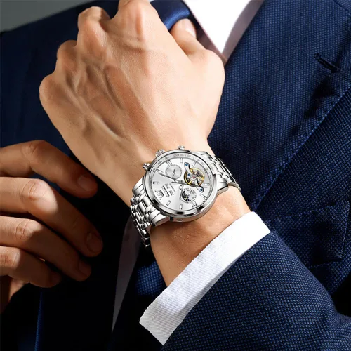 Vista 6 de OLEVS Automatic Watches for Men Luxury Skeleton Multi-Function Mechanical Watch Self Winding Date Waterproof Luminous Mens Watch