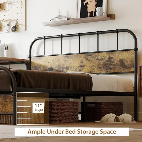 Vista 5 de Giantex Base de cama de metal tamaño Queen con cabecera de madera, base de cama de plataforma industrial con listones de metal resistente, base
