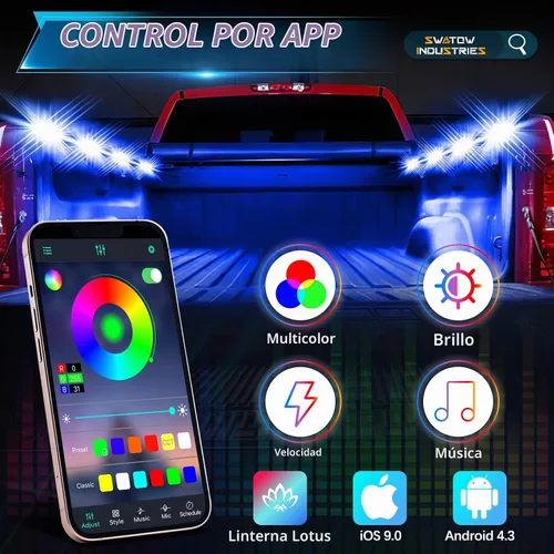 Vista 4 de Luces de cama de camioneta RGB LED Kits de luz de cama con control Bluetooth Luces de carga traseras Iluminación de camioneta Accesorios de carga