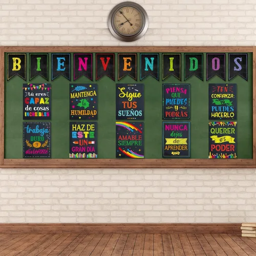 Vista 7 de gisgfim 21 pósteres inspiradores españoles de Bienvenidos, color negro, colorido, motivacional, juego de tablones de anuncios para el aula, oficina