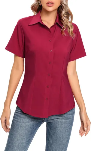 Vista 7 de Camisas básicas de oficina con cuello y botones para mujer, de fácil cuidado, de manga corta, con elástico