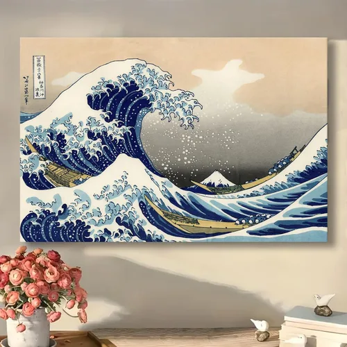 Vista 2 de Póster de lienzo impreso con texto en inglés «The Great Wave off Kanagawa» de Katsushika Hokusai, arte de pared, pintura retro, estética, decoración