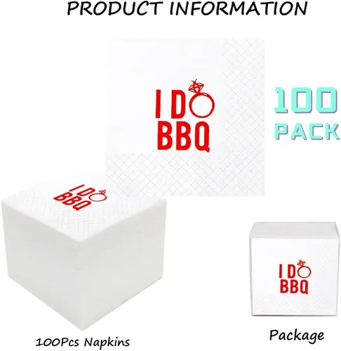 Vista 2 de Servilletas de cóctel I Do BBQ, paquete de 100 servilletas desechables de papel rojo I Do BBQ a granel para compromiso, boda, bar, ensayo, cena