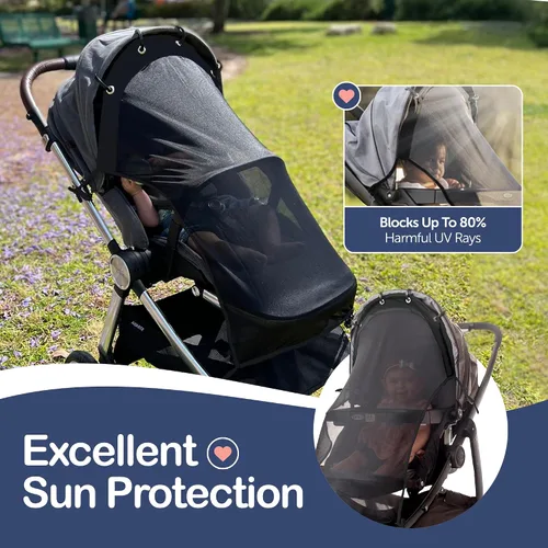 Vista 2 de Extensor de parasol para cochecito – Cubierta universal con clip para cochecito de bebé, protección UV, malla transparente transpirable, ajuste