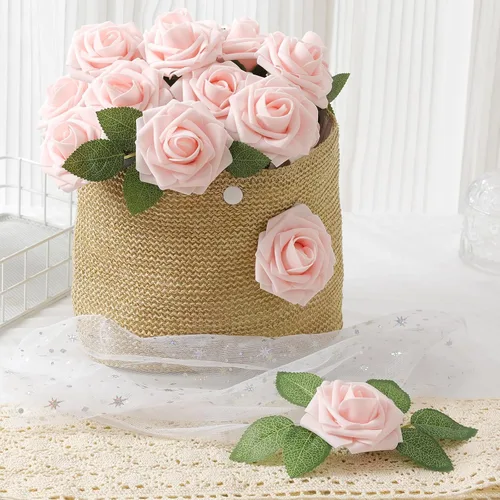 Vista 7 de DerBlue 60 rosas artificiales de aspecto real, rosas artificiales de espuma para decoración de bodas, arreglos, fiestas, decoración del hogar