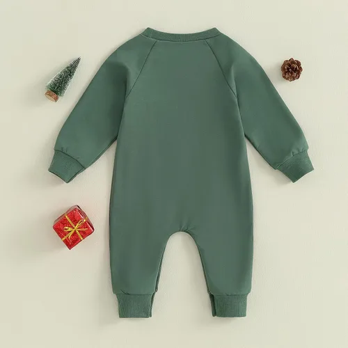Vista 3 de BULINGNA Mameluco de Navidad para bebés, niños y niñas, diseño de árbol de Navidad, estampado de letras para otoño e invierno