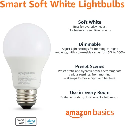 Vista 2 de Amazon Basics Bombilla LED inteligente A19, regulable blanco suave (2700 K), 9 W (equivalente a 60 W), 800 LM, funciona solo con Alexa, Wi-Fi de 2.4