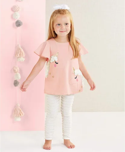Vista 2 de Mud Pie Conjunto de túnica y leggings de unicornio para bebés y niñas Blanco rosa