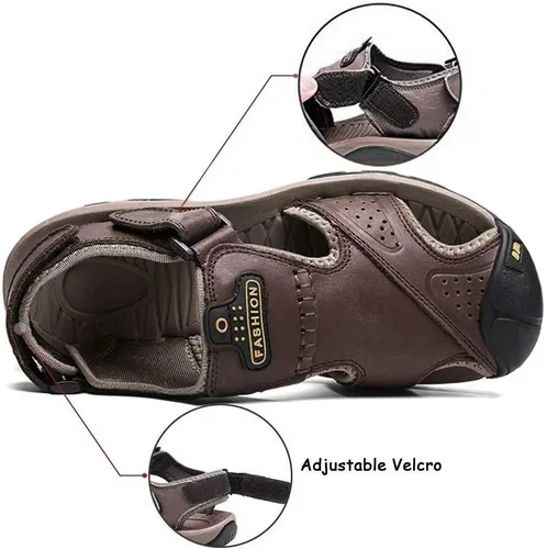 Vista 3 de VISIONREAST Sandalias de cuero para hombre, sandalias de senderismo al aire libre, impermeables, atléticas, zapatos de playa de pescador, sandalias