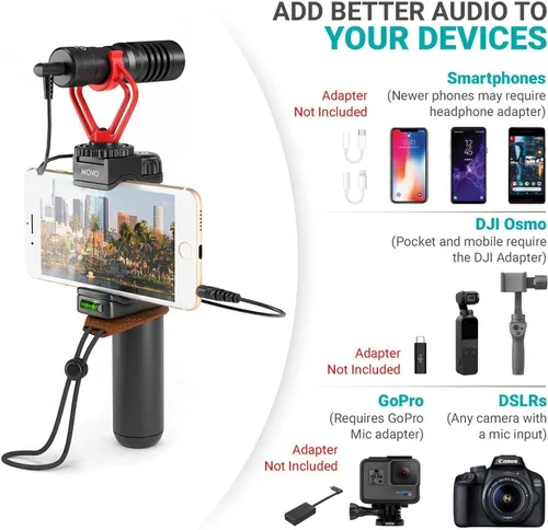 Vista 5 de Movo Soporte de video para teléfono inteligente con micrófono de escopeta, mango de agarre, correa de muñeca para iPhone 5, 5C, 5S, 6, 6S, 7, 8, X