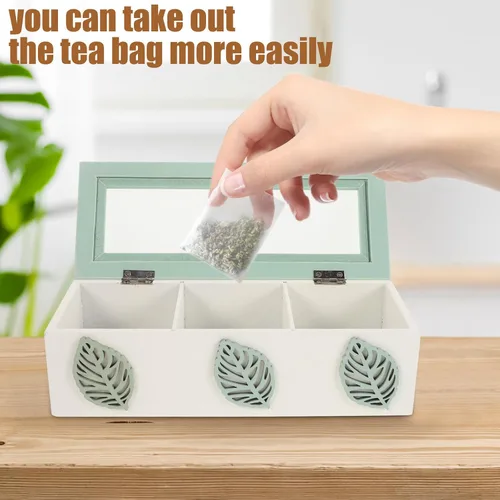 Vista 7 de Wooden Tea Bag Storage Organizer Box with Glass Lid, 3 Compartments
