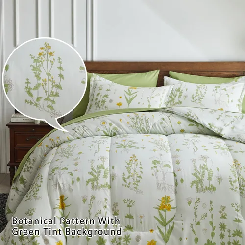 Vista 3 de Joyreap - Juego de ropa de cama tamaño individual completo en una bolsa, 6 piezas, diseño botánico de flores amarillas y hojas verdes, juego