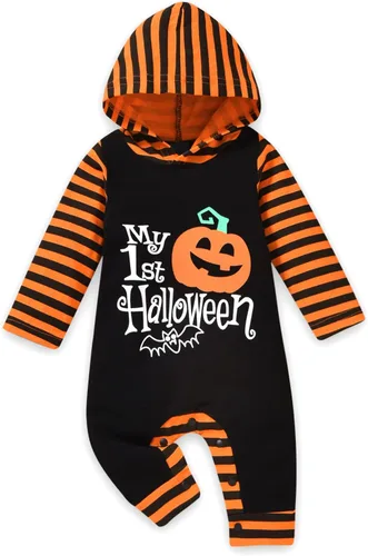 Vista 10 de Aalizzwell Traje de Halloween para bebé con capucha para el primer Halloween, overol de una pieza para niños y niñas pequeños Naranja