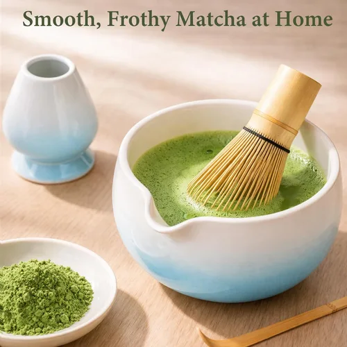 Vista 3 de Juego de batidor Matcha con cuenco de cerámica y cazador de bambú Azul