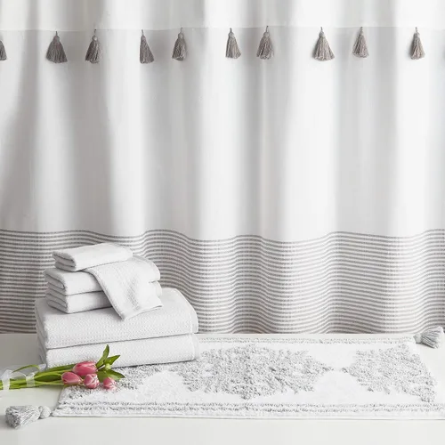 Vista 6 de Panama Stripe Cortina de ducha 100% tela de algodón para baño, de 72 x 72 pulgadas /182.88 x 182.88 cm. Borla estilo bohemio de granja, tela