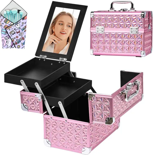 Vista 13 de Neceser de Tren de Maquillaje, Estuche de Maquillaje Portátil con Espejo, Organizador de Cosméticos de 2 Bandejas, Organizador de Esmalte de Uñas