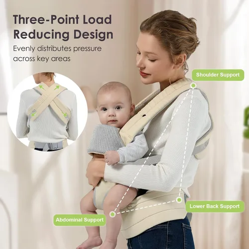 Vista 4 de MISSWISDOM Portabebés para recién nacidos a niños pequeños, portabebés ajustable, portabebés, portabebés canguro con correas de hombro anchas, beige