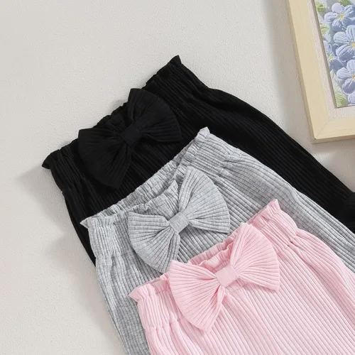 Vista 5 de TINXIEA Paquete de 3 pantalones acampanados para niñas pequeñas, pantalones acanalados sueltos con lazo, pantalones acampanados, paquete de 3