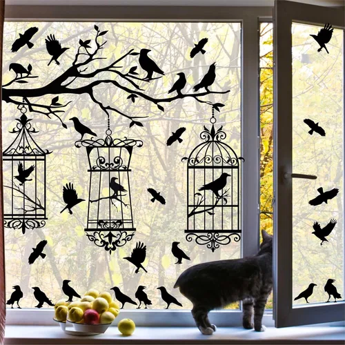 Vista 4 de Calcomanías de pared de ramas de árbol de Halloween, cuervo negro, pájaro, pájaro, pelar y pegar, calcomanías de cuervo para jaula de pájaro, Jaula