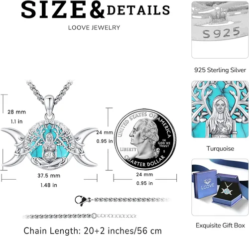 Vista 200 de Collar de pentagrama de plata de ley con triple luna, diosa celta, nudo celta, nudo de brujas, Ankh, sol y luna, Hécate, lilith, Santa Muerte
