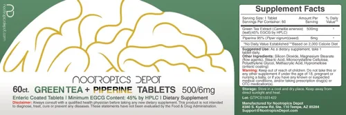 Vista 2 de Nootropics Depot Tabletas de extracto de té verde 60 unidades 500 mg Mínimo 45% EGCG + 6 mg de piperina Recubierto entérico