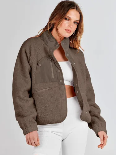 Vista 8 de ANRABESS Chaqueta de forro polar mullido para mujer, estilo casual, manga larga, recortada, con botones, con bolsillos