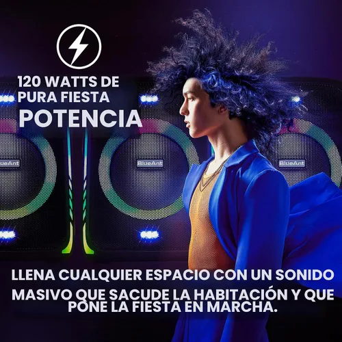 Vista 2 de BlueAnt X5i - Altavoz Bluetooth de 120 W, aumento de graves masivo con micrófonos inalámbricos duales para karaoke, espectáculo de luz LED, batería