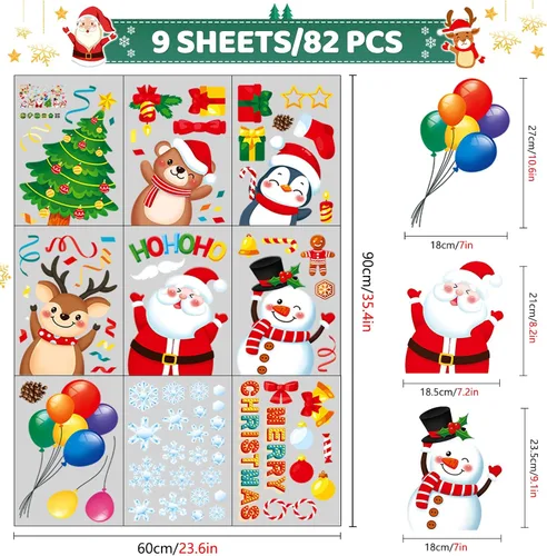 Vista 2 de Adhesivos de ventana de Navidad, 9 hojas de calcomanías de ventana de Navidad, Papá Noel, muñeco de nieve, reno, copo de nieve de Navidad