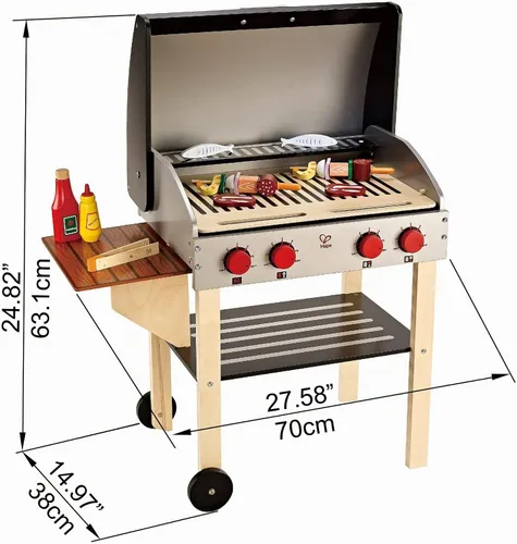 Vista 7 de Hape, Parrilla para barbacoa de juguete con set de comida de juguete para cocinar brochetas de madera con accesorios