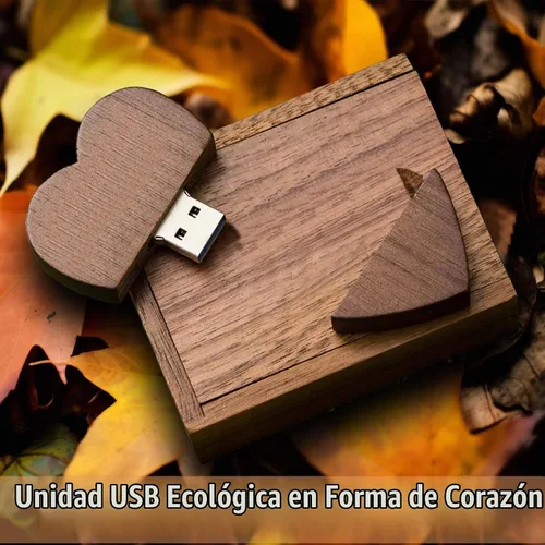 Vista 2 de Unidad flash de madera en forma de corazón 32GB USB3.0 con caja de regalo, unidad USB de madera 32G USB 3.0 Super-Speed JumpDrive caja de madera