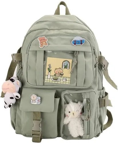 Vista 2 de Mochila Kawaii con bonitos accesorios de alfiler, colgante de felpa, mochila escolar Kawaii linda mochila estética, Verde-2, L, Mochilas tipo mochila