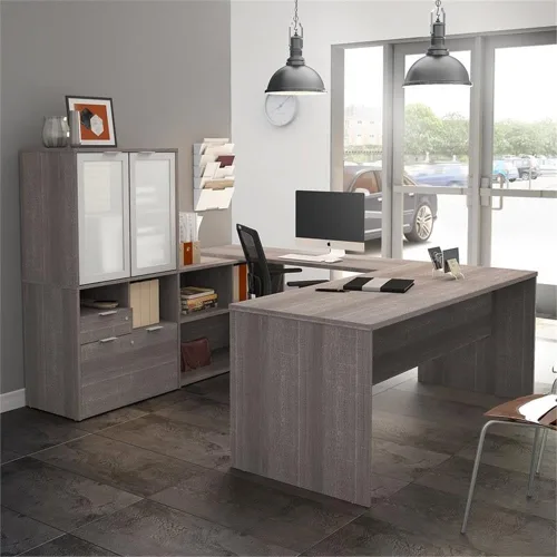 Vista 2 de Bestar i3 Plus Escritorio ejecutivo en forma de U con gabinete de puertas de vidrio esmerilado, 72 W, gris ladrido