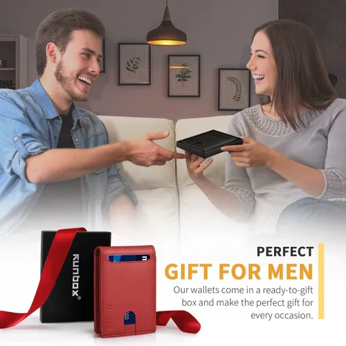 Vista 6 de RUNBOX Crazy Horse Cartera delgada de piel para hombre con bloqueo RFID 02 Rojo M Clásico