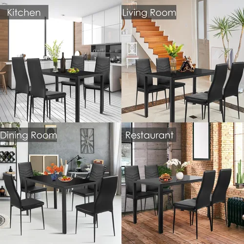 Vista 9 de Giantex Juego de 5 mesas de comedor para 4, mesa y sillas de cocina de vidrio moderna, mesa rectangular de marco de metal con cuero acolchado de 4