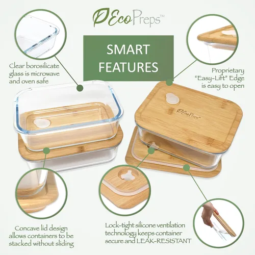 Vista 4 de EcoPreps Recipientes de vidrio para preparar comida con tapas de bambú (paquete de 3) - 100% libres de plástico, contenedores de almuerzo