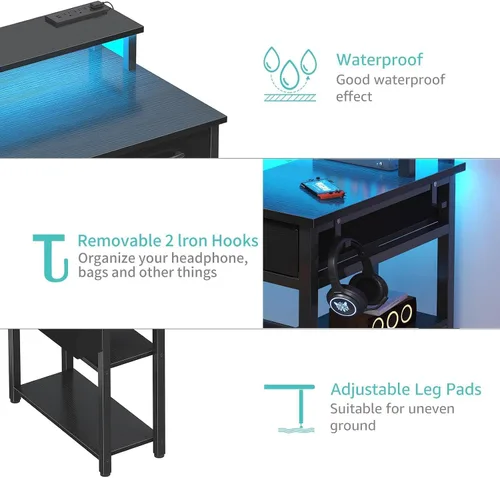 Vista 5 de Lufeiya Escritorio para juegos con luces LED y tomas de corriente, escritorio de oficina en casa de 47 pulgadas con soporte para monitor y estantes
