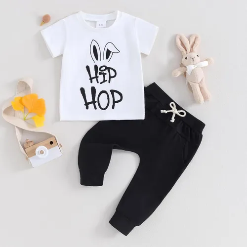 Vista 2 de Ledy Champswiin Trajes de Pascua para bebé, camiseta de manga corta con letras, tops y pantalones deportivos para niños pequeños, ropa de primavera
